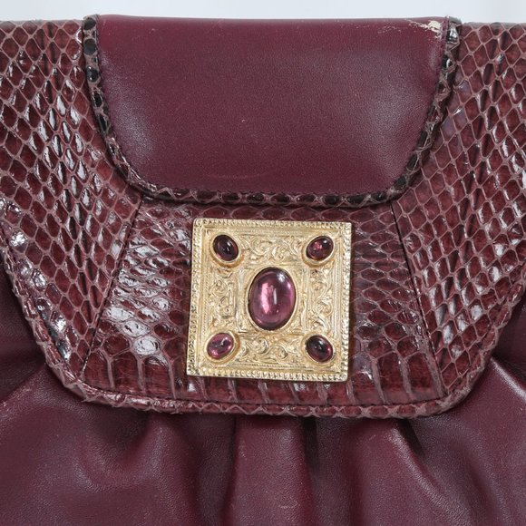 VINTAGE PANTERA PLUM WINE LEATHER AND GENUINE SNAKESKIN CABOCHON CROSSBODY - Picture 5 of 7
